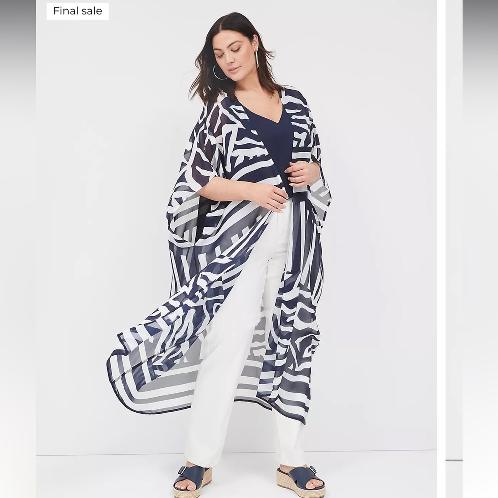 Lane Bryant‎ Overpiece Coverup One Size Blue White Chiffon Midi Layering Resort